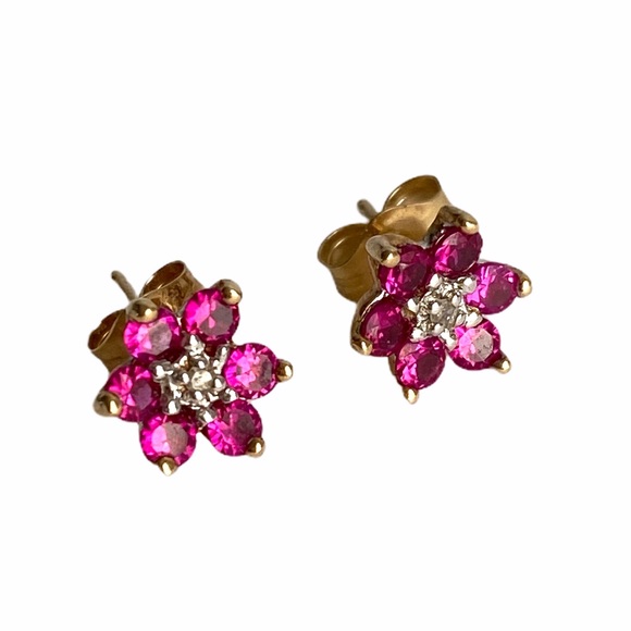 Vintage Jewelry - Vintage 10K Gold Flower Earrings Faux Ruby Diamond